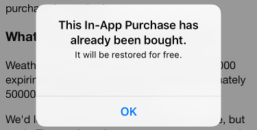 In-App Purchase Dialog: This In-App Purchase has already been bought